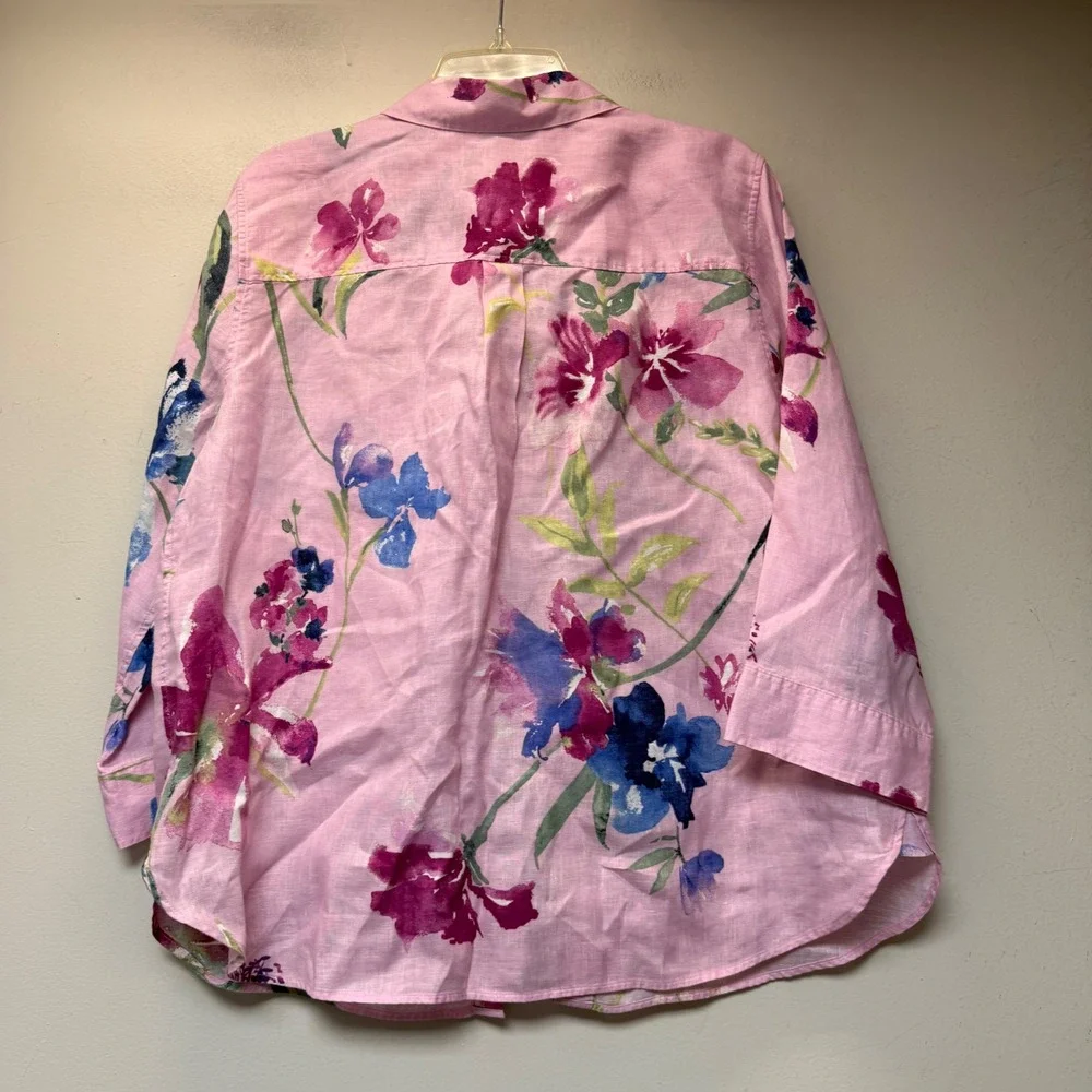 Chico's Linen Button Down Shirt Womens 2.5 L 14 Pink Floral Watercolor Excellent